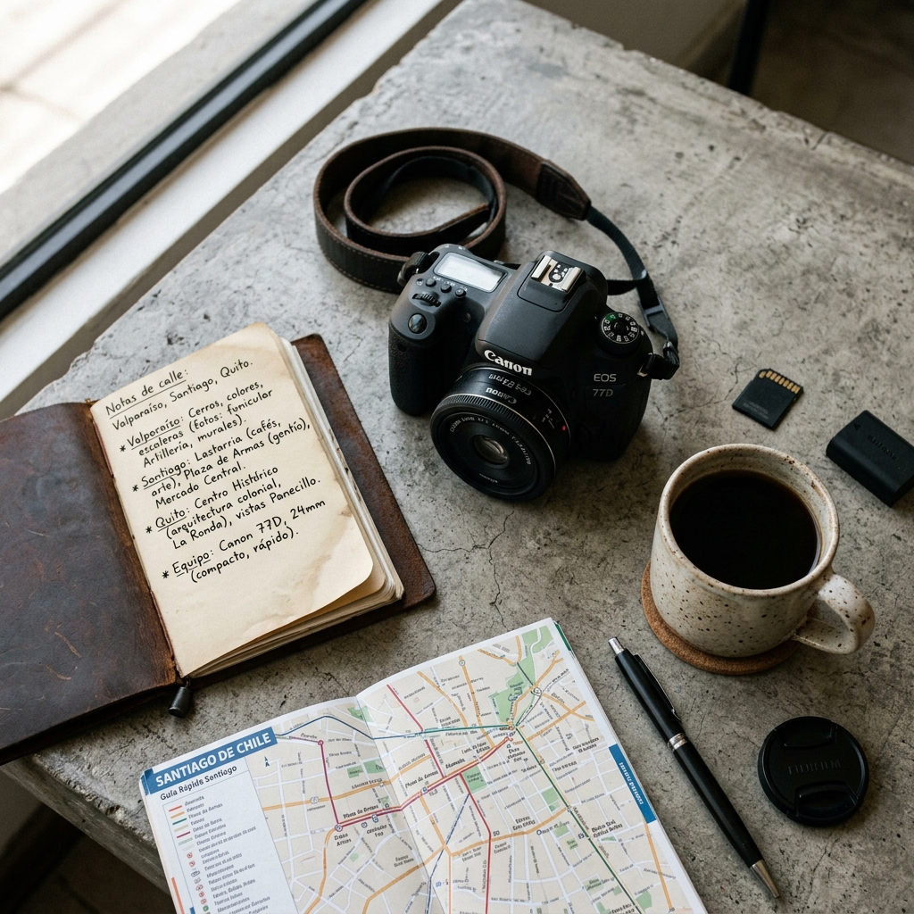 Cámara Canon EOS 77D, libreta de cuero con notas sobre Valparaíso y Santiago, mapa de Santiago de Chile, tarjeta de memoria SD y una taza de café sobre una mesa de concreto